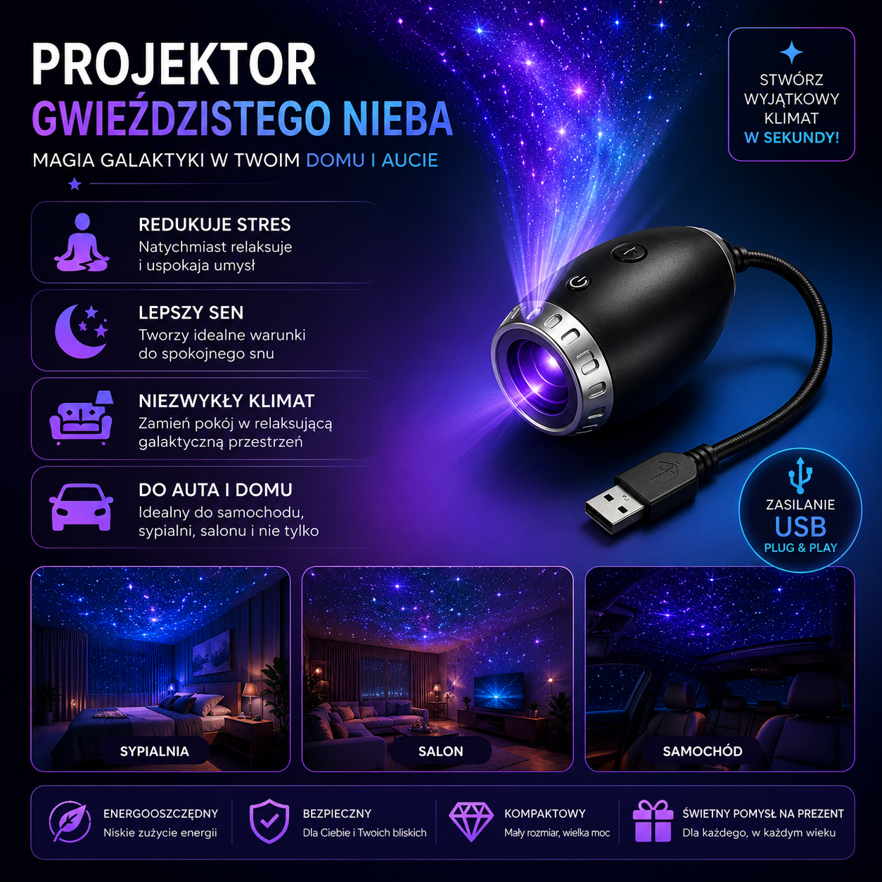 AstroBeam™ – Projektor Galaktyki LED USB do Samochodu i Pokoju